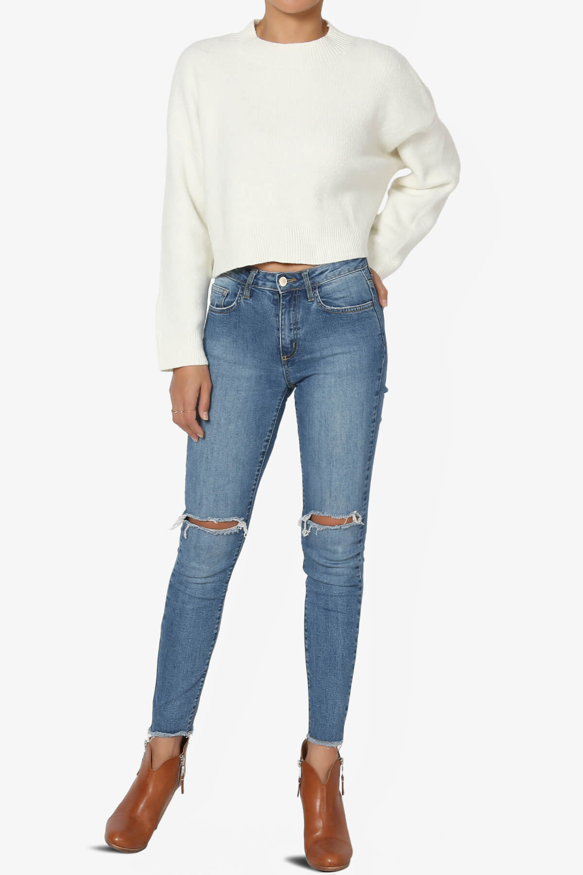 Bigmona Long Sleeve Crop Knit Sweater IVORY_6