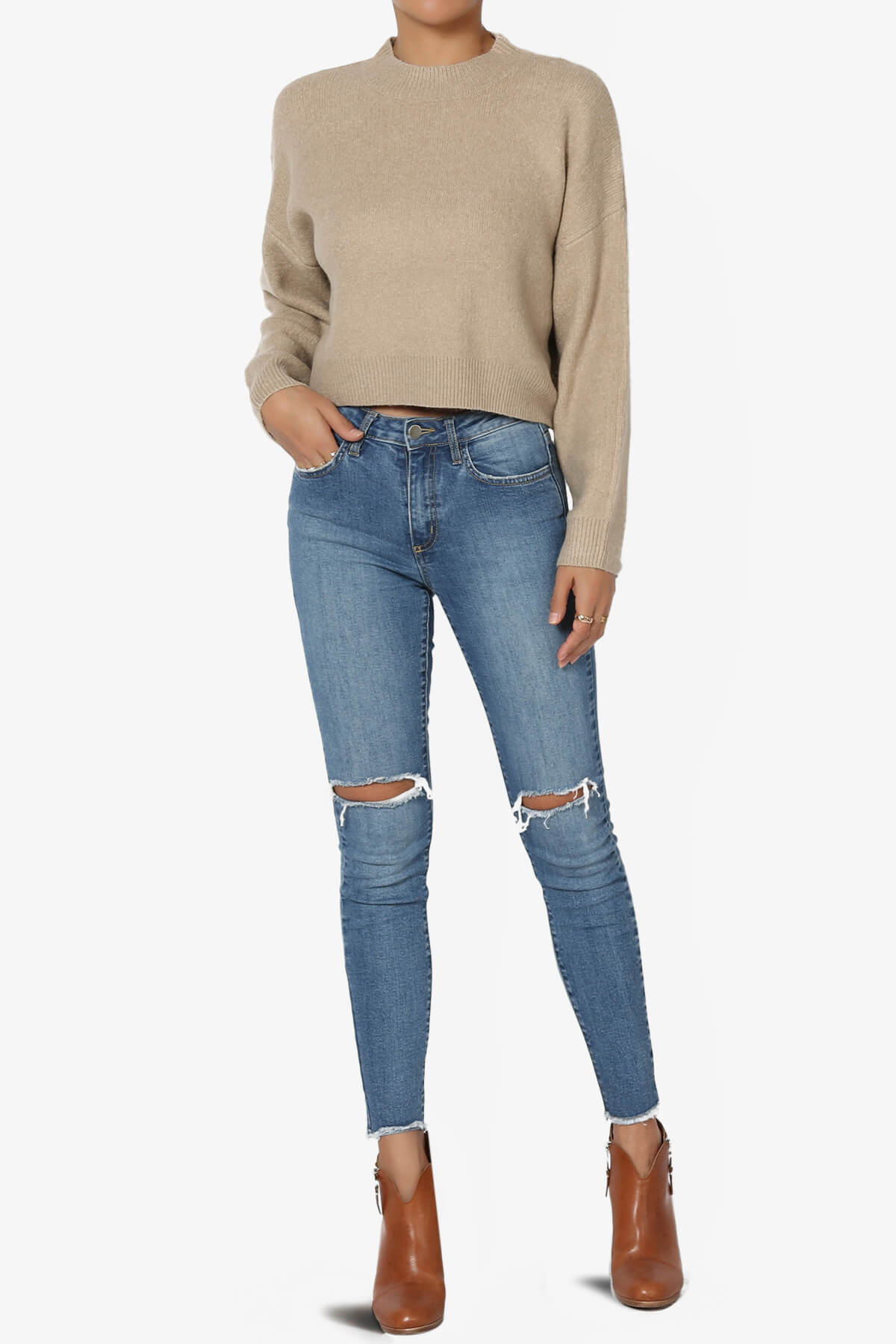 Bigmona Long Sleeve Crop Knit Sweater KHAKI_6