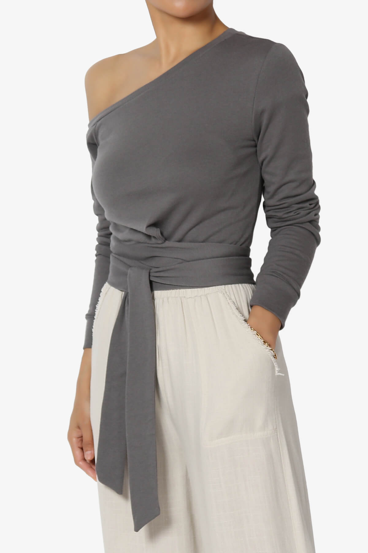Birdee Wrap Waist Tie One Shoulder Top GREY_3