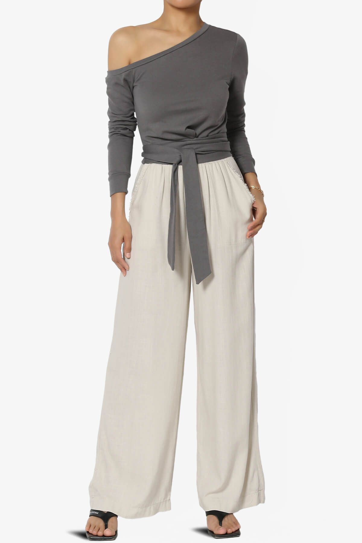 Birdee Wrap Waist Tie One Shoulder Top GREY_6