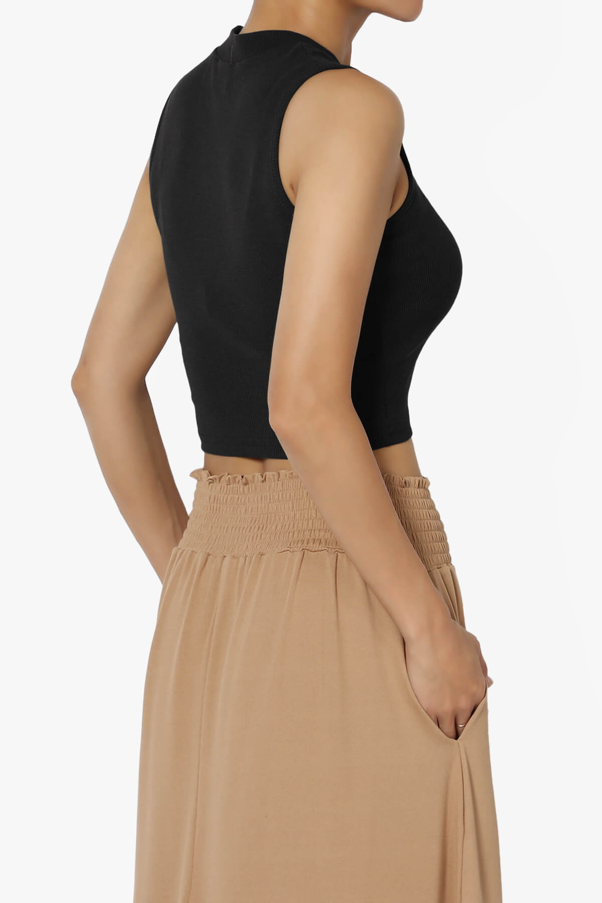 BKari High Neck Rib Crop Tank Top BLACK_4