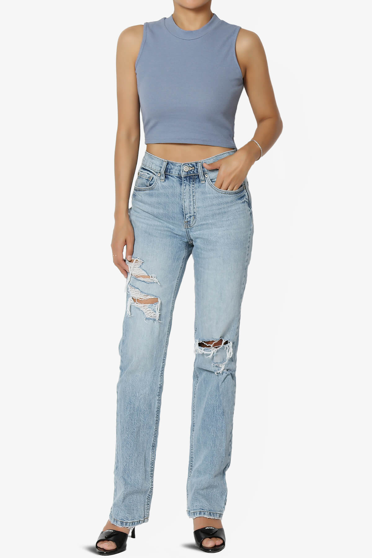 BKari High Neck Rib Crop Tank Top DENIM_6