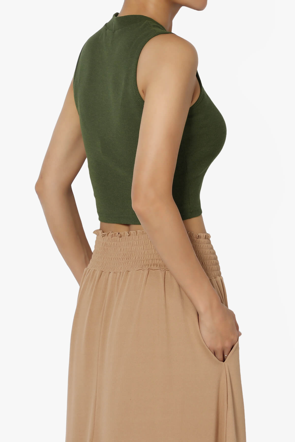BKari High Neck Rib Crop Tank Top OLIVE_4