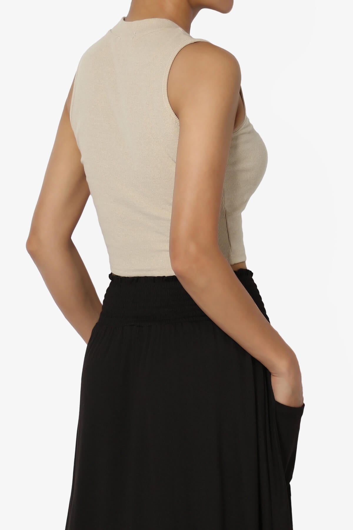 BKari High Neck Rib Crop Tank Top SAND_4