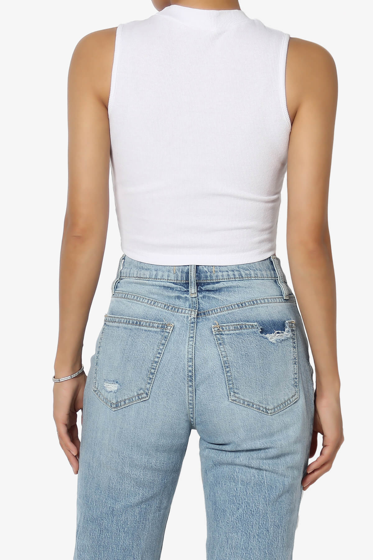 BKari High Neck Rib Crop Tank Top WHITE_2