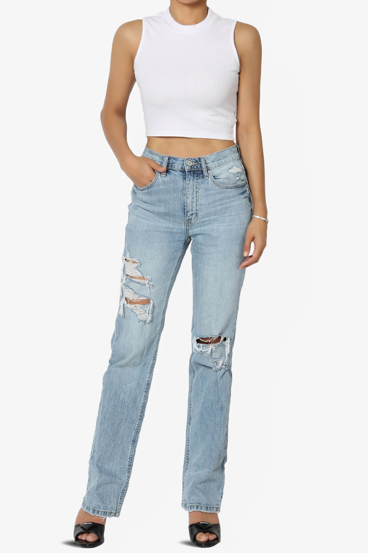 BKari High Neck Rib Crop Tank Top WHITE_6