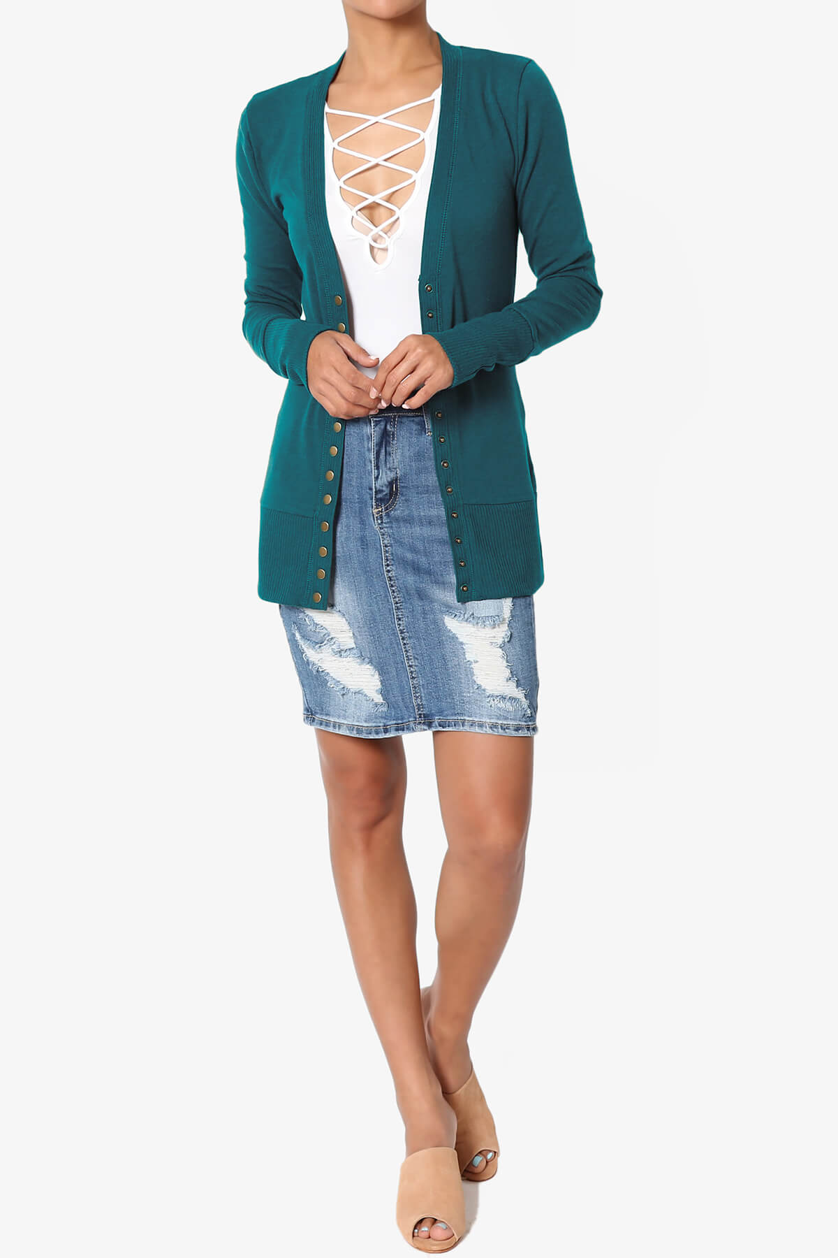 Braeden Snap Button V-Neck Cardigan TEAL_6