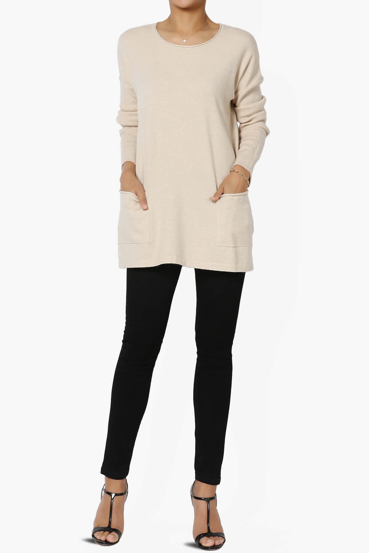 Brecken Pocket Long Sleeve Soft Knit Sweater Tunic HEATHER BEIGE_6