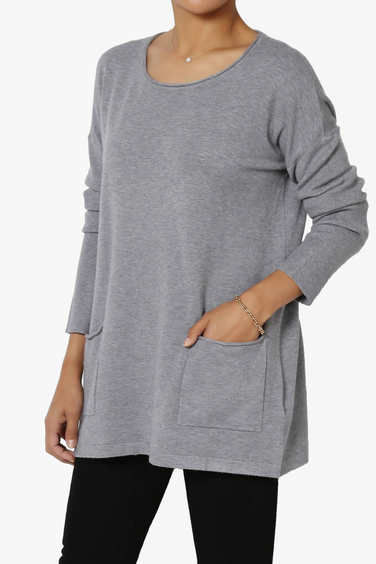 Brecken Pocket Long Sleeve Soft Knit Sweater Tunic HEATHER GREY_3