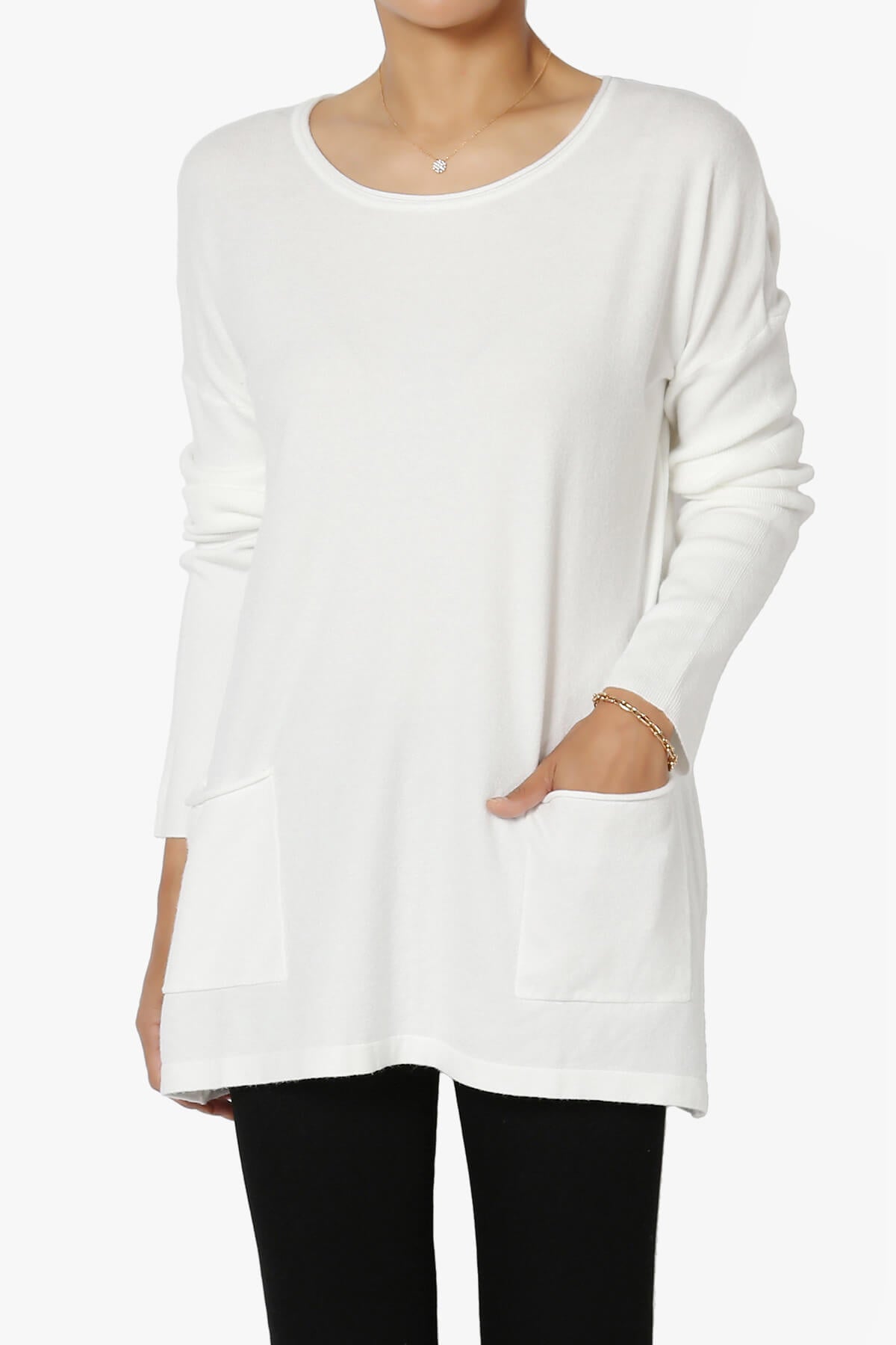 Brecken Pocket Long Sleeve Soft Knit Sweater Tunic IVORY_1