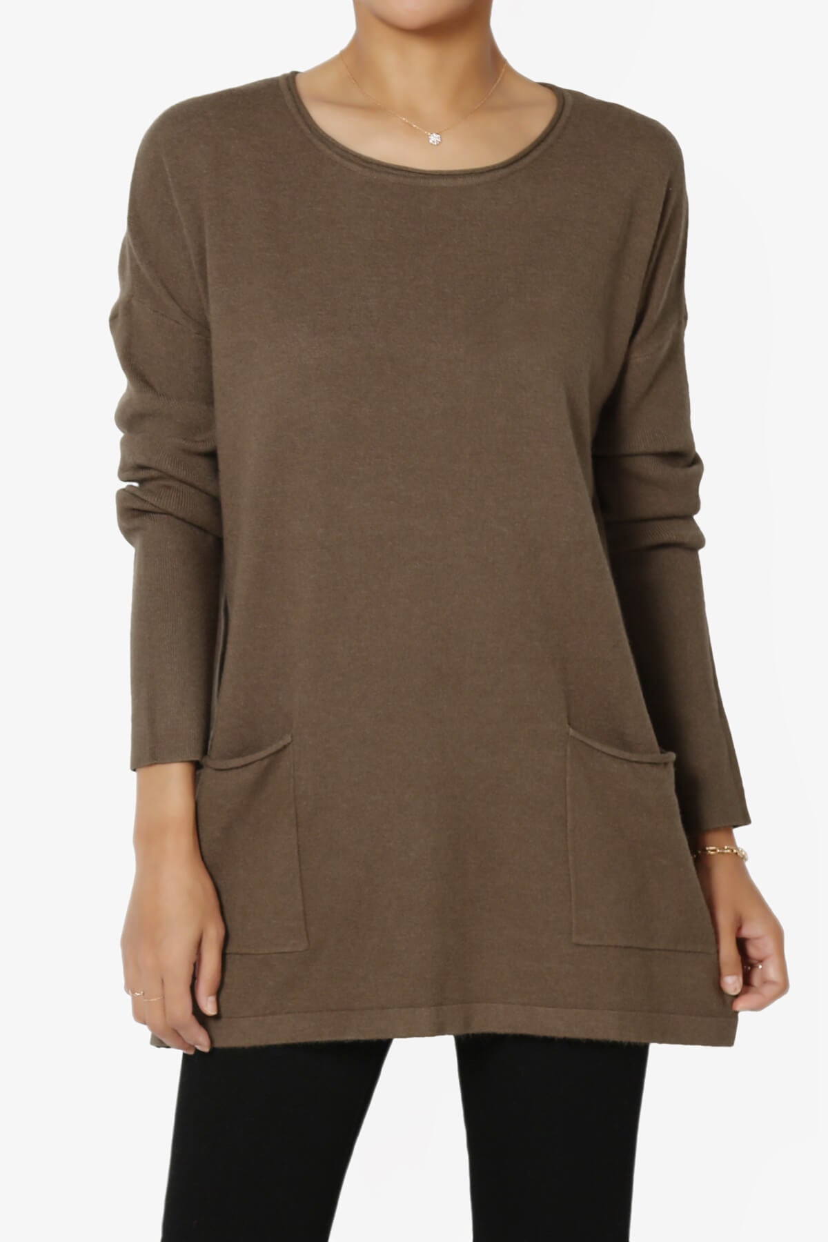 Brecken Pocket Long Sleeve Soft Knit Sweater Tunic MOCHA_1