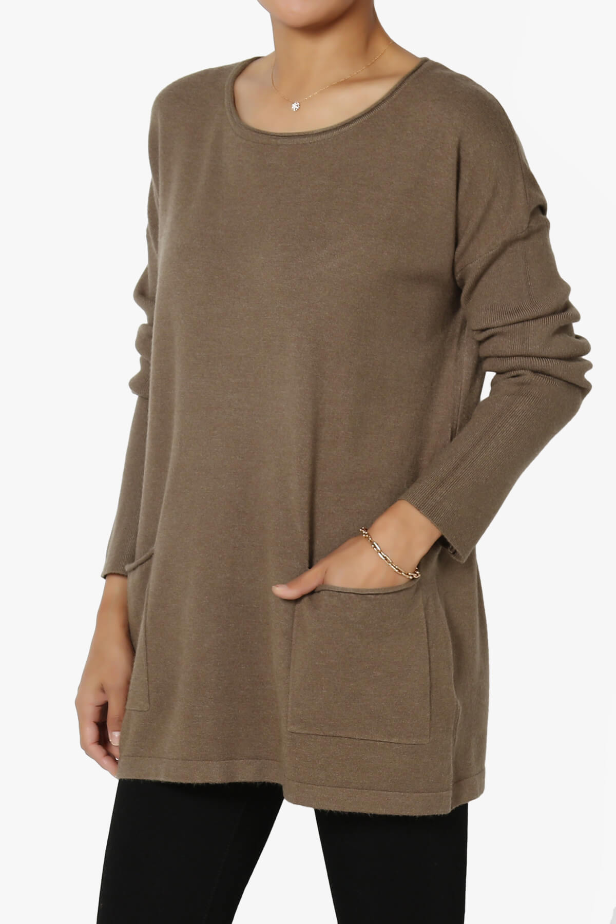 Brecken Pocket Long Sleeve Soft Knit Sweater Tunic MOCHA_3