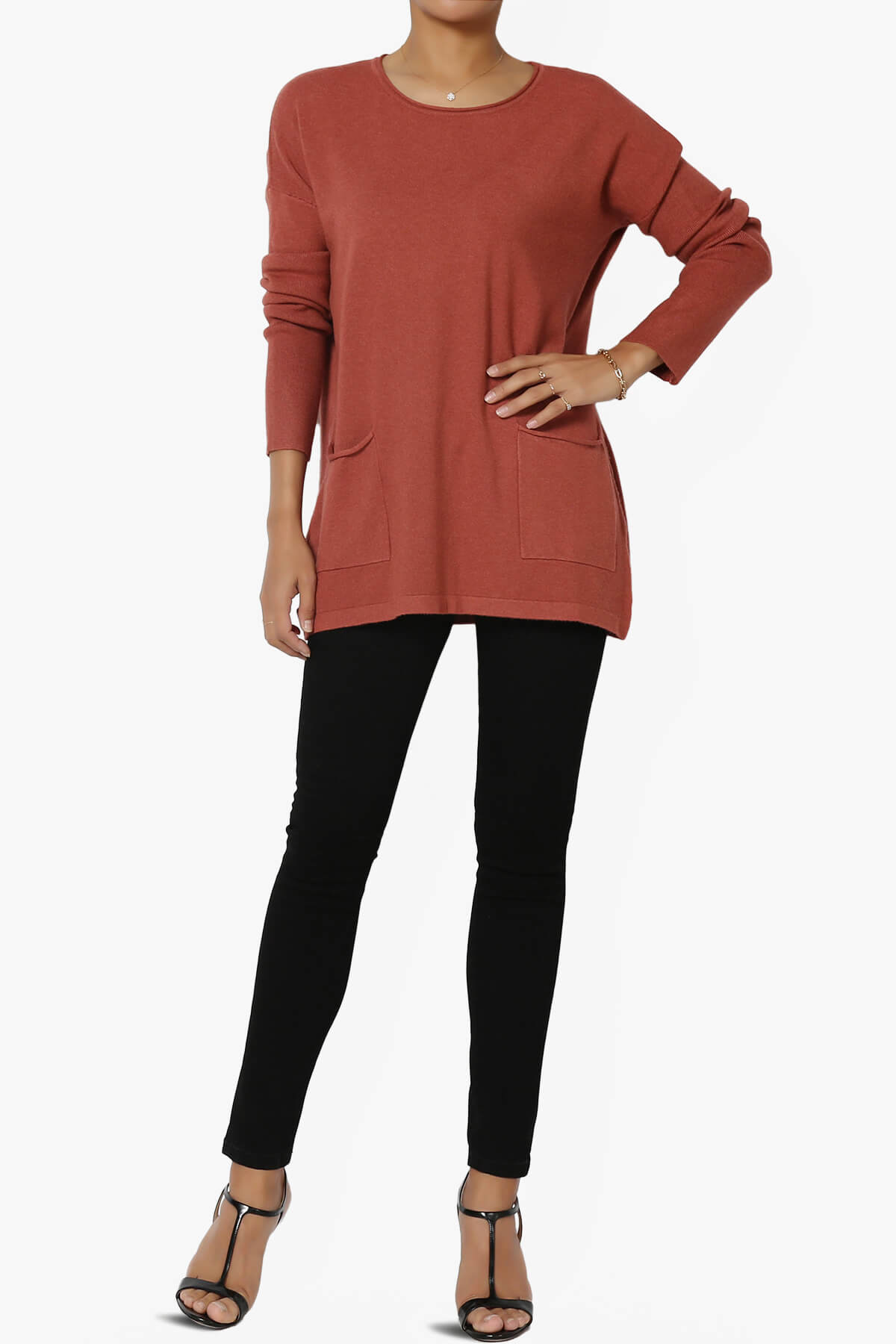 Brecken Pocket Long Sleeve Soft Knit Sweater Tunic RUST_6