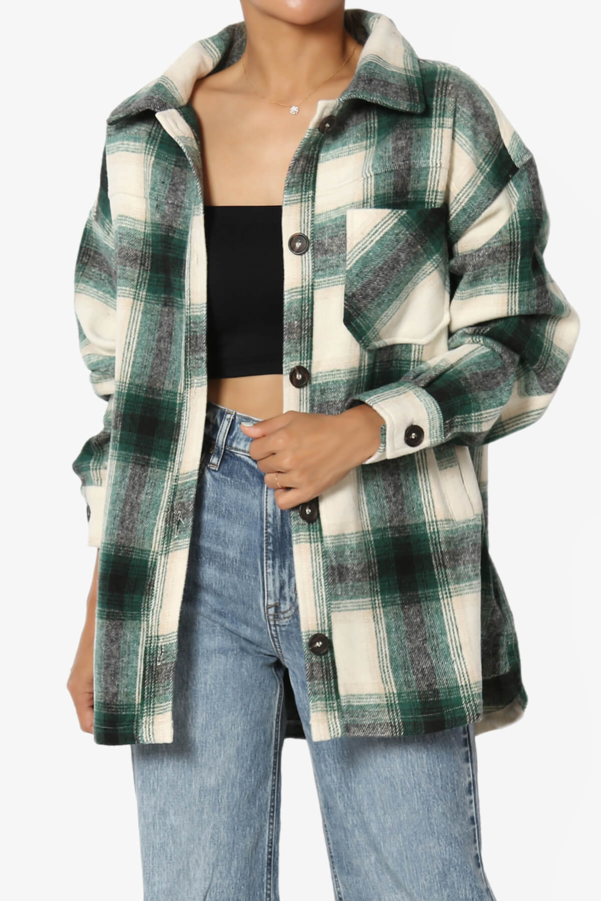 Cameron Plaid Flannel Oversized Shacket HUNTER GREEN_1