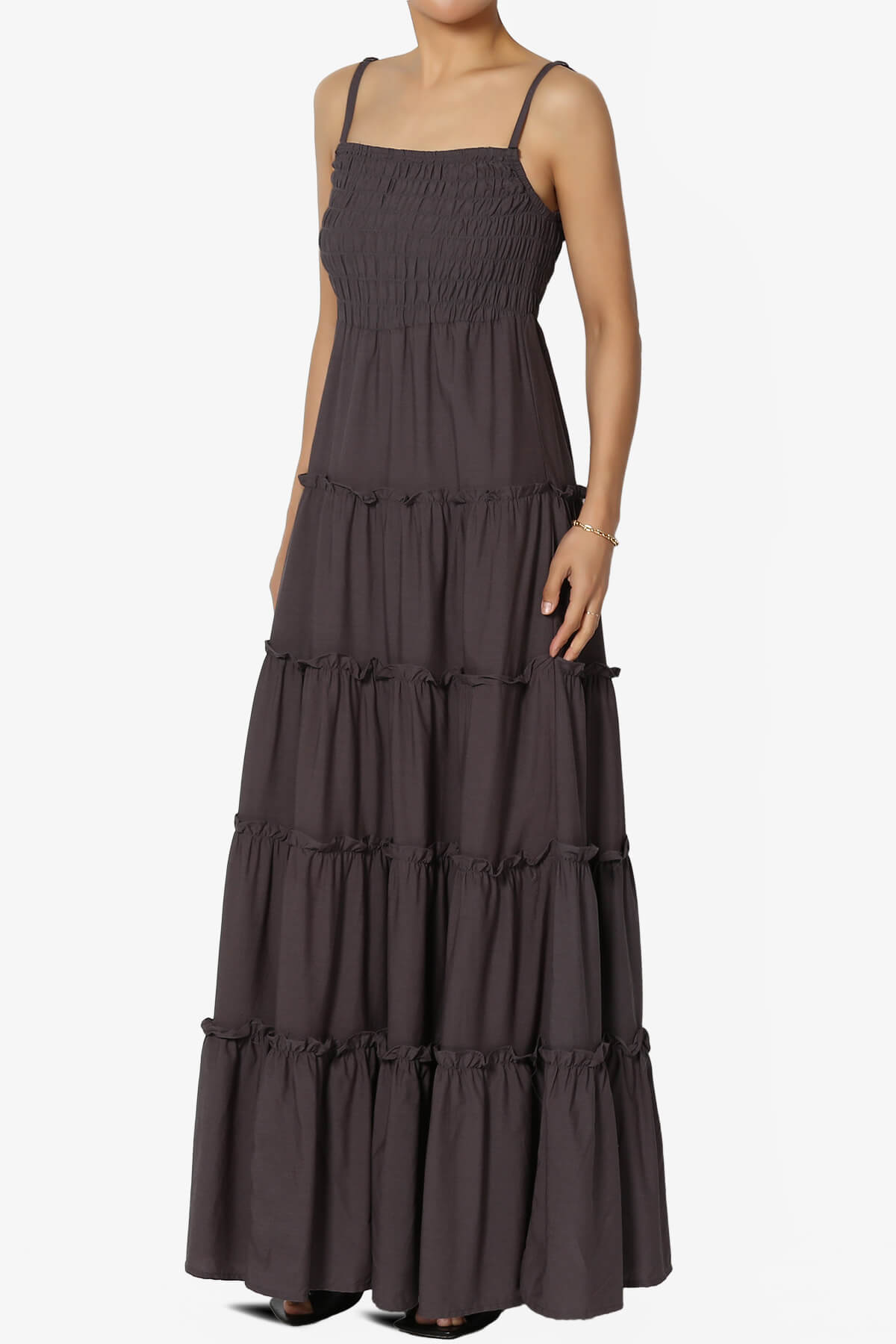 Cassie Smocked Cami Tiered Maxi Dress ASH GREY_3