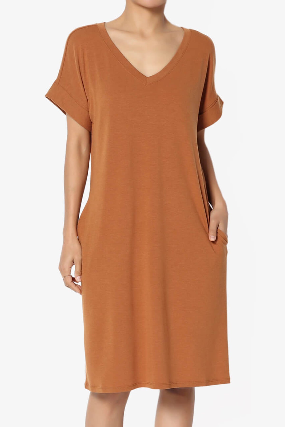 Cliff Rolled Short Sleeve V-Neck Dress ALMOND_1