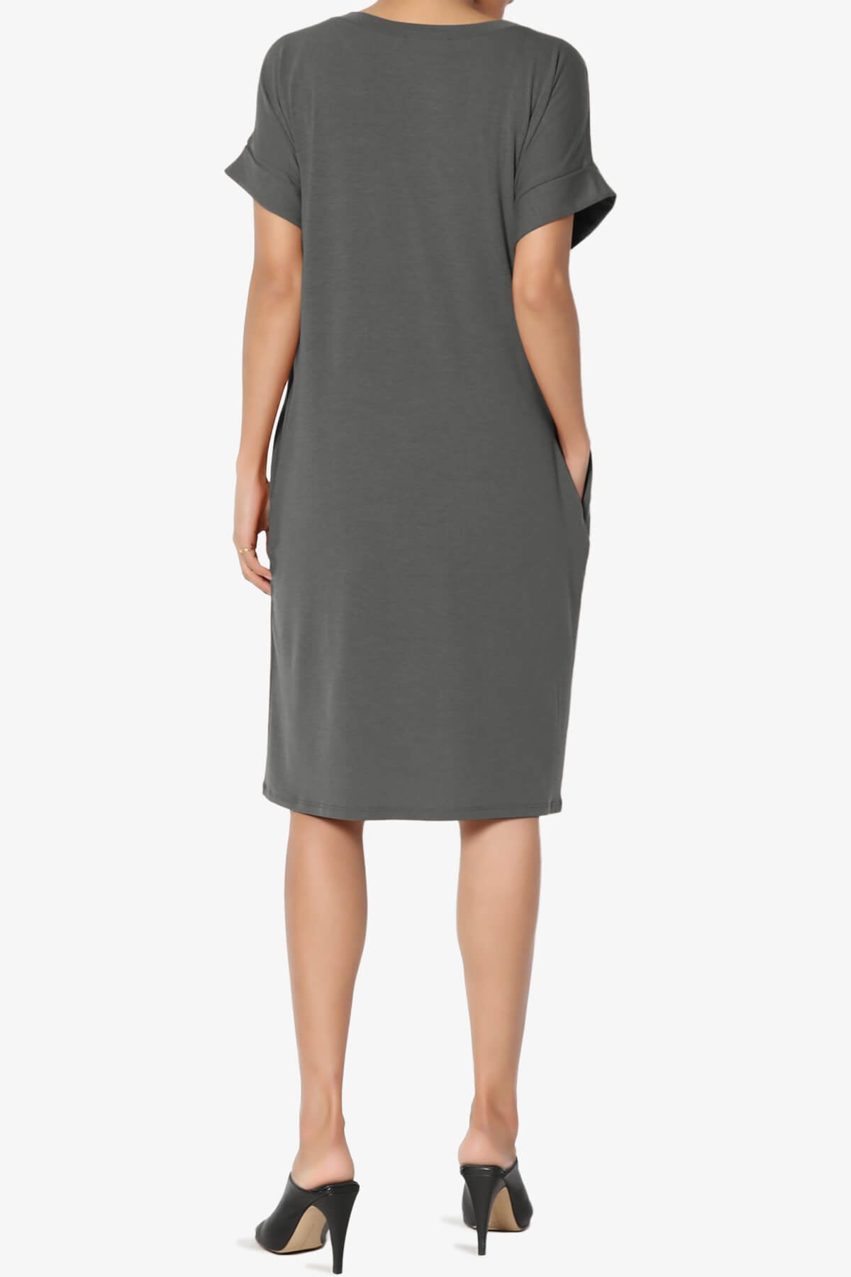 Cliff Rolled Short Sleeve V-Neck Dress ASH GREY_2