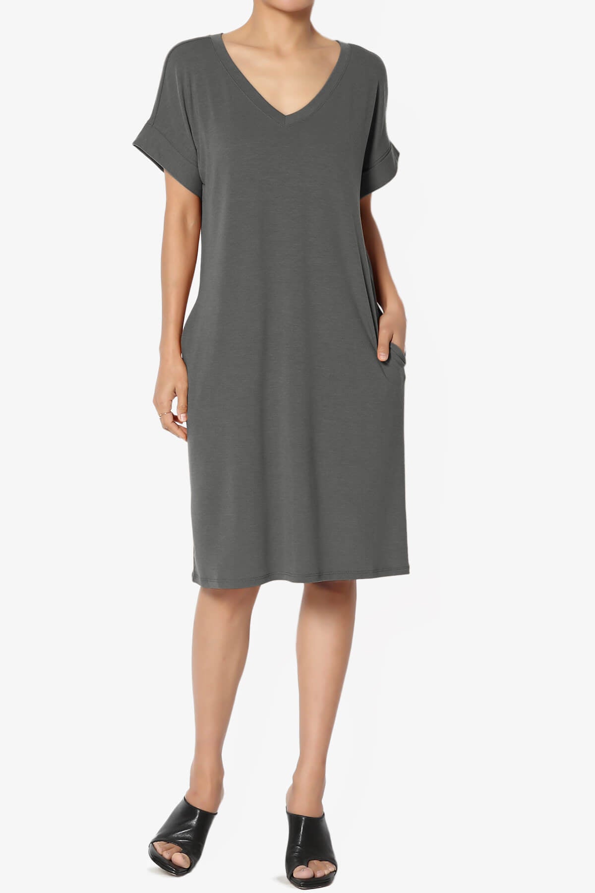 Cliff Rolled Short Sleeve V-Neck Dress ASH GREY_6