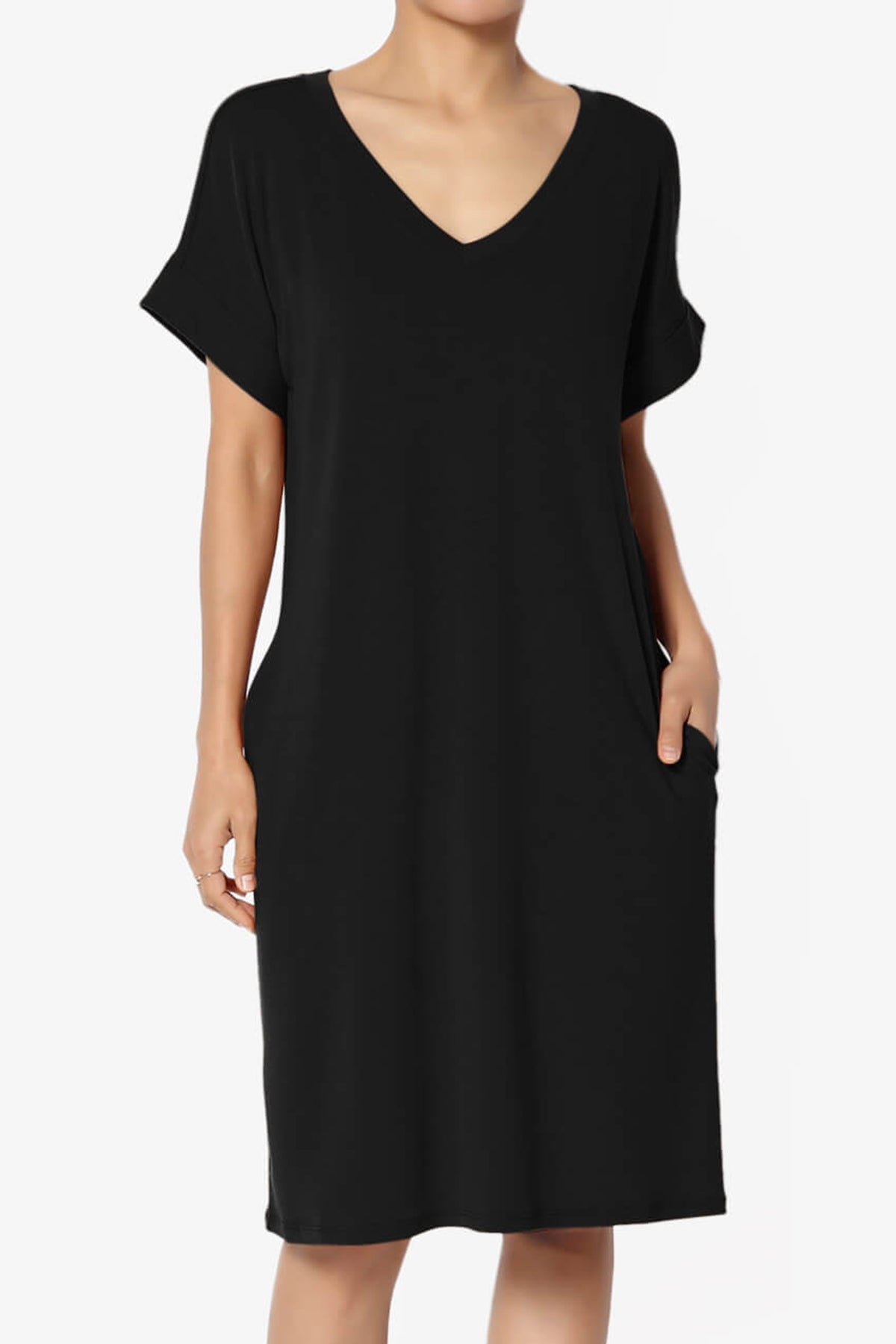 Cliff Rolled Short Sleeve V-Neck Dress BLACK_1