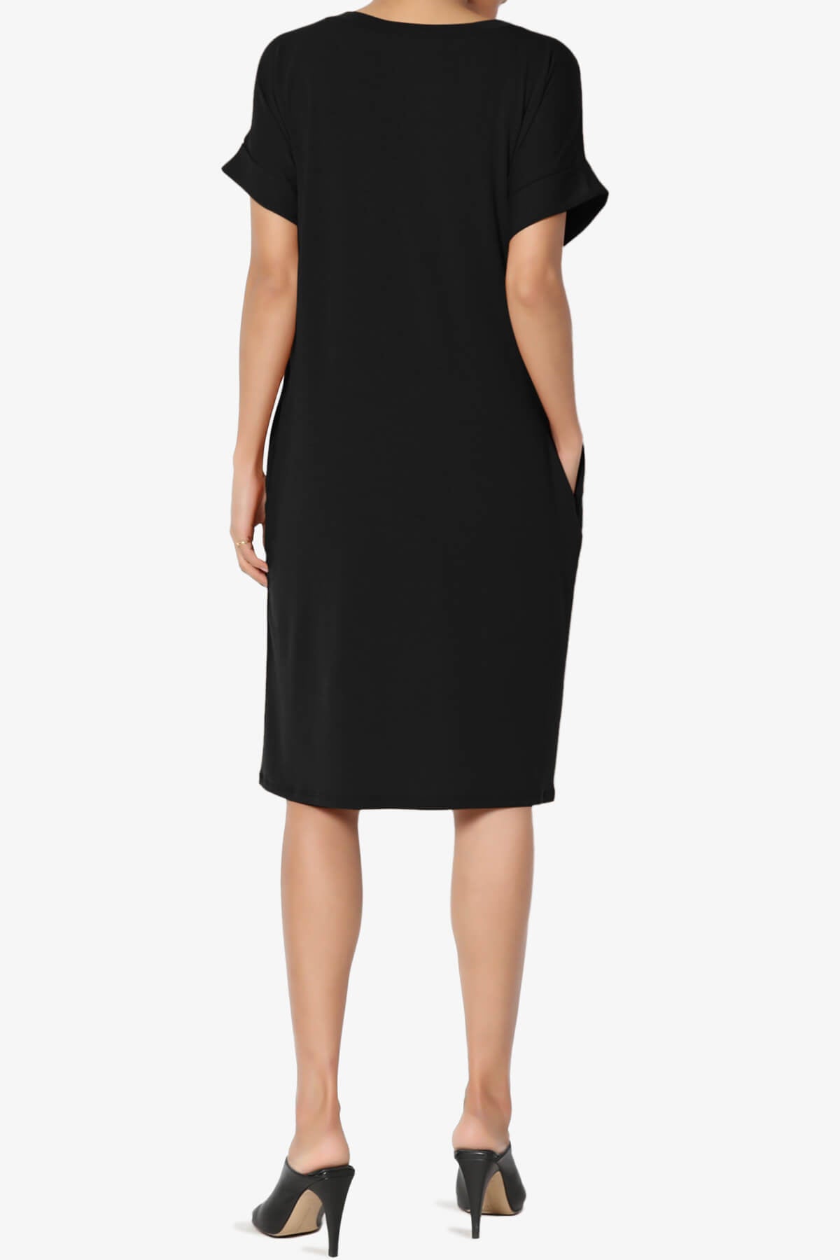 Cliff Rolled Short Sleeve V-Neck Dress BLACK_2