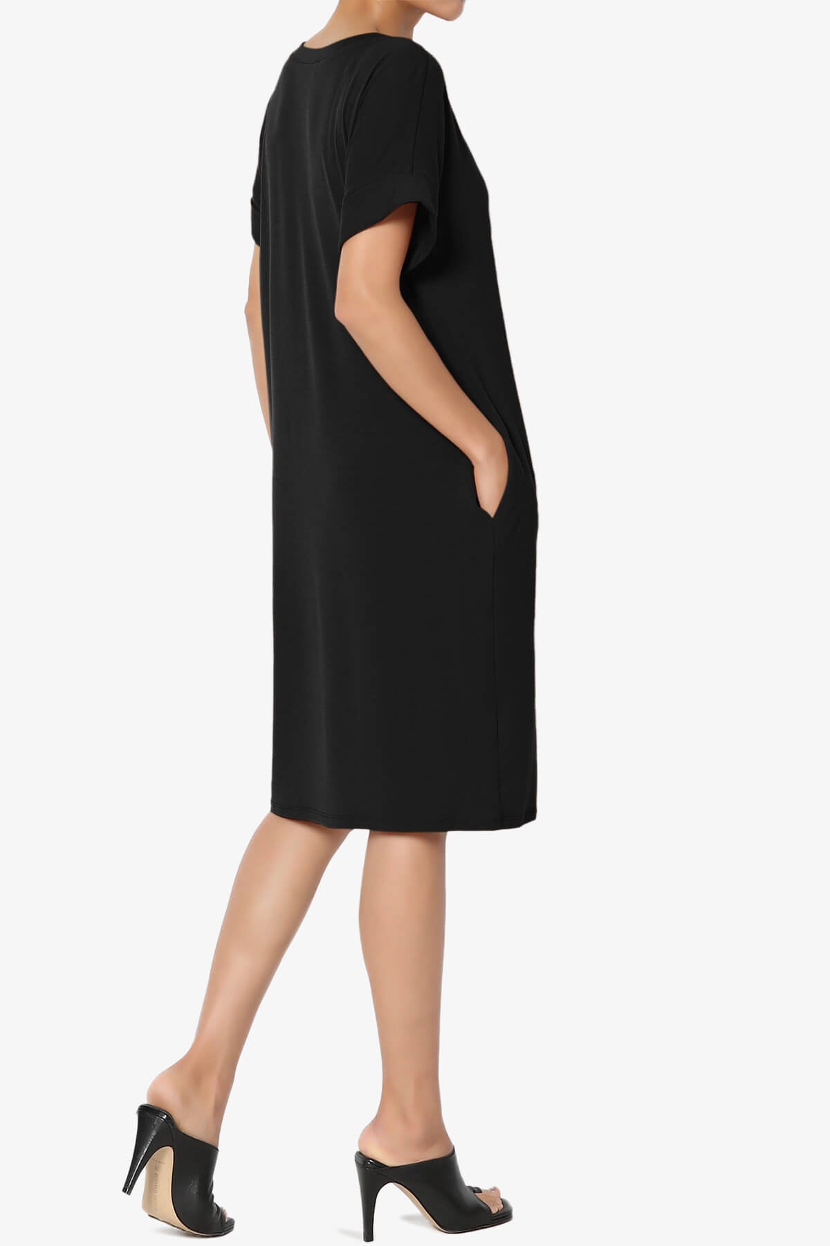 Cliff Rolled Short Sleeve V-Neck Dress BLACK_4