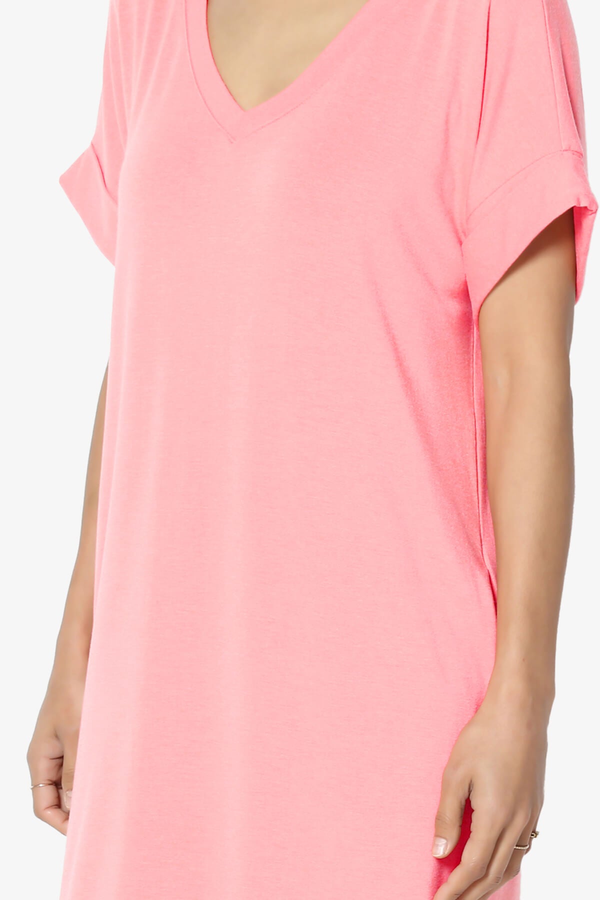 Cliff Rolled Short Sleeve V-Neck Dress BRIGHT PINK_5