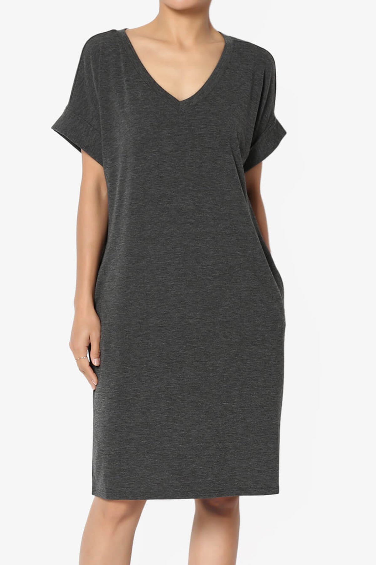 Cliff Rolled Short Sleeve V-Neck Dress CHARCOAL_1