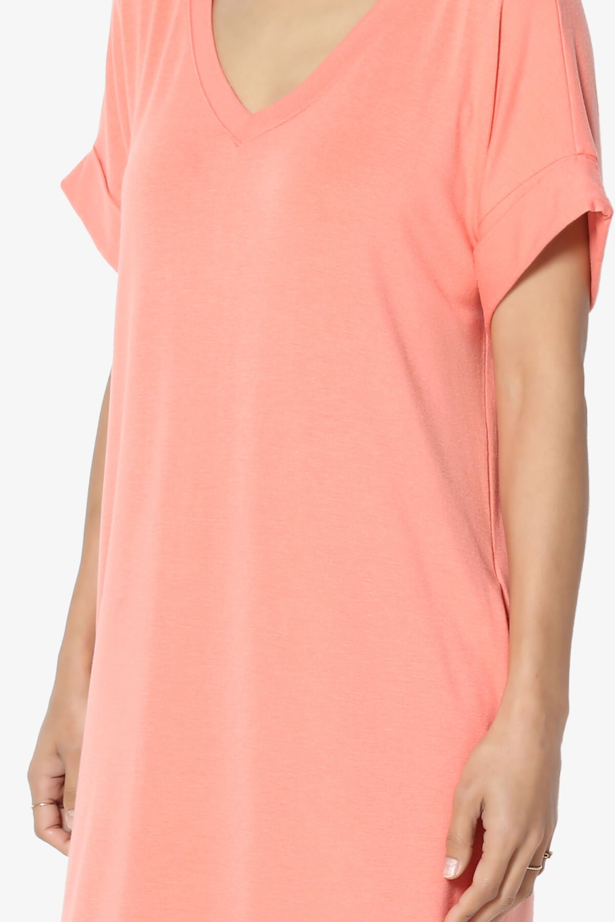 Cliff Rolled Short Sleeve V-Neck Dress CORAL_5