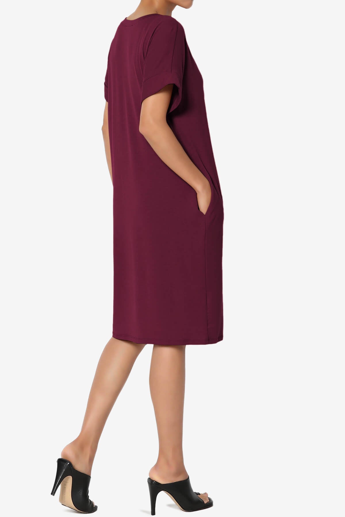 Cliff Rolled Short Sleeve V-Neck Dress DARK BURGUNDY_4