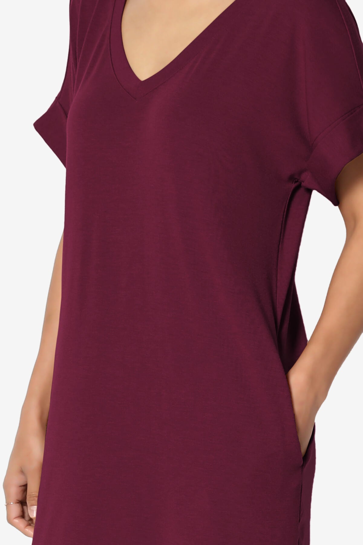Cliff Rolled Short Sleeve V-Neck Dress DARK BURGUNDY_5