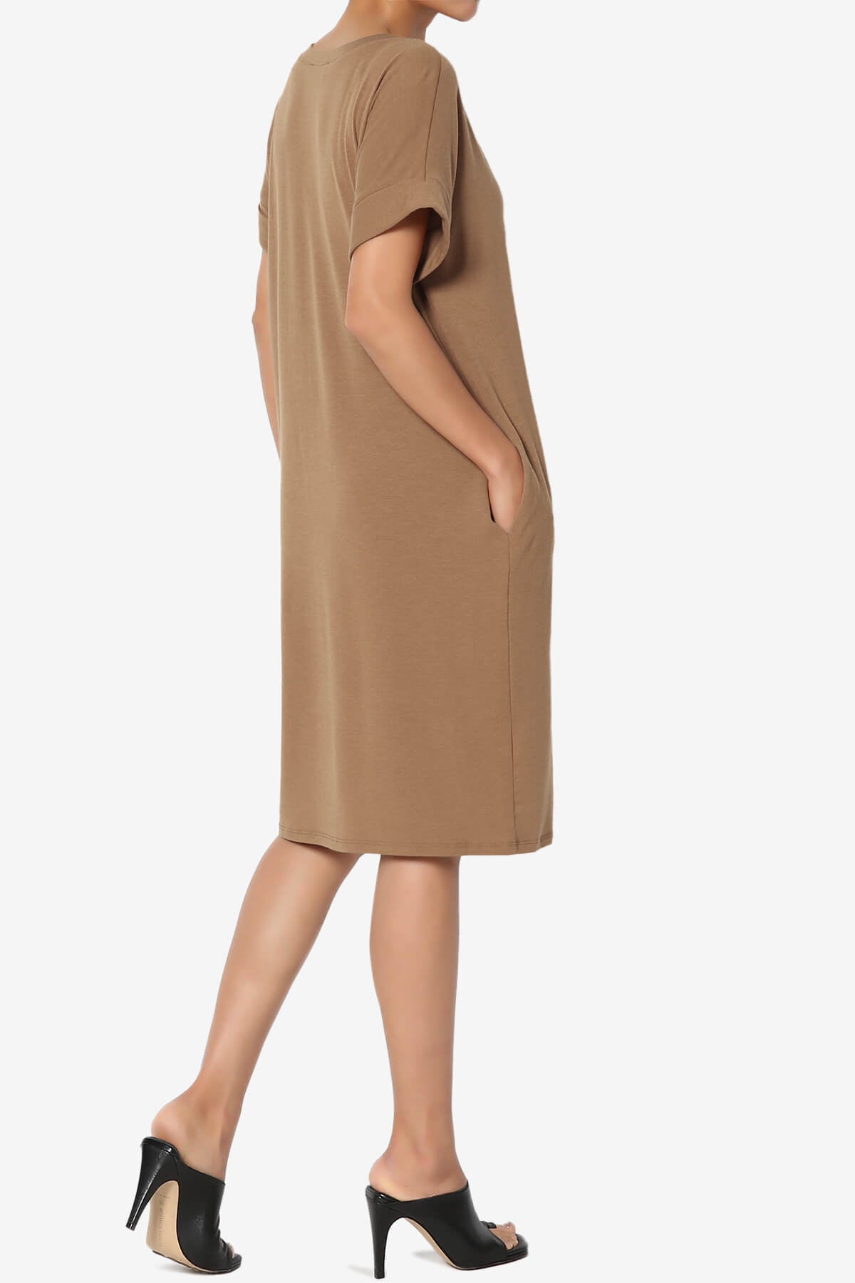 Cliff Rolled Short Sleeve V-Neck Dress DEEP CAMEL_4