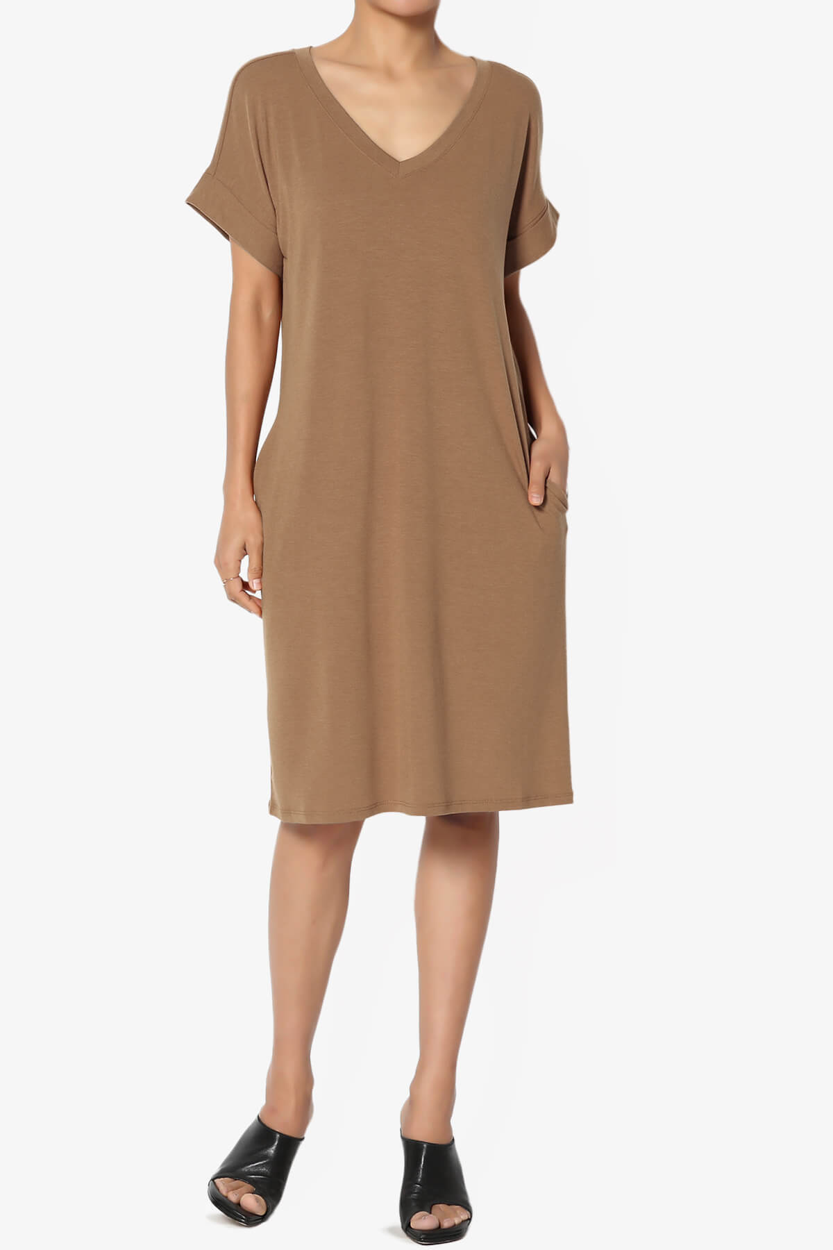 Cliff Rolled Short Sleeve V-Neck Dress DEEP CAMEL_6