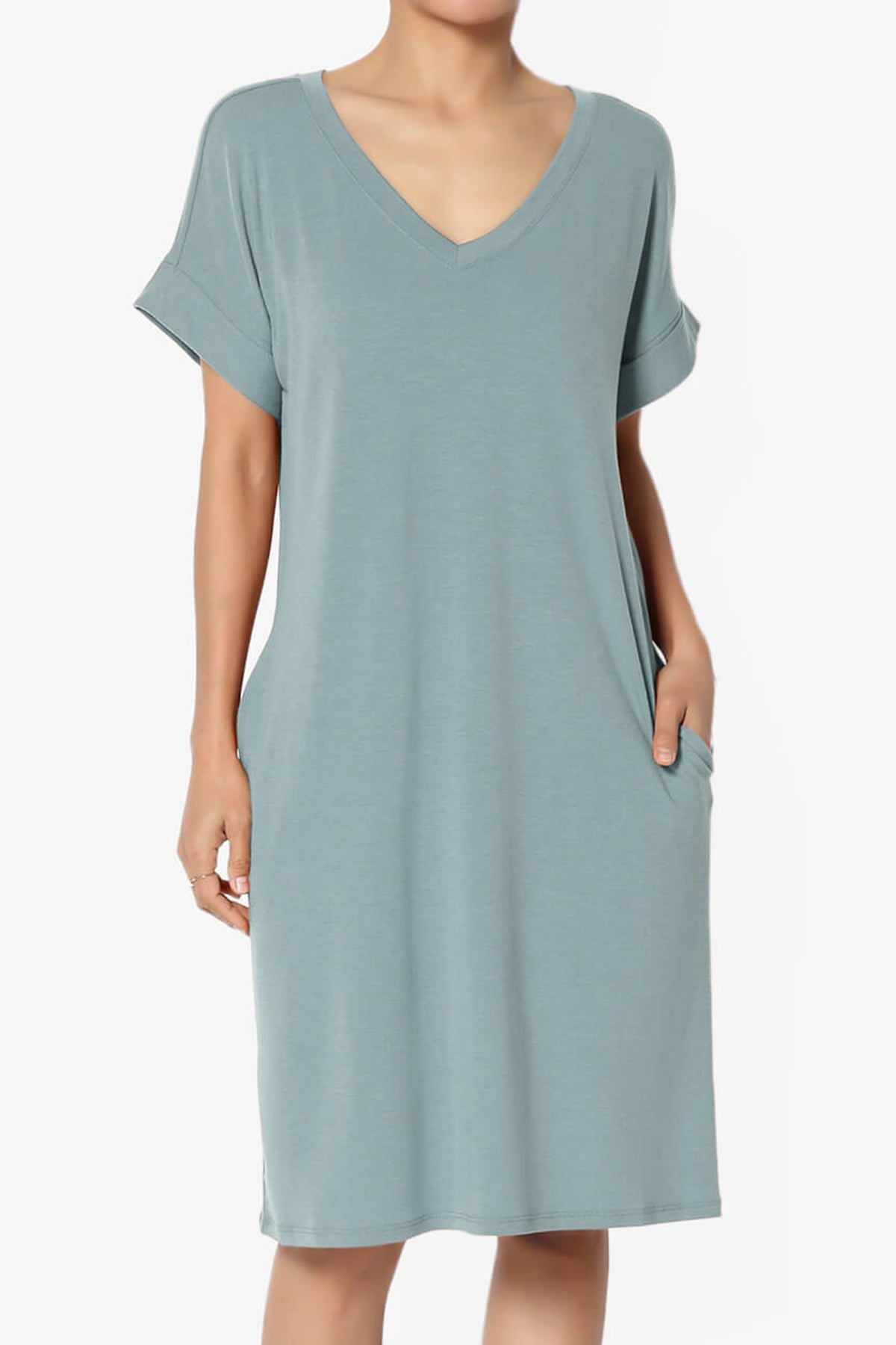 Cliff Rolled Short Sleeve V-Neck Dress DUSTY BLUE_1