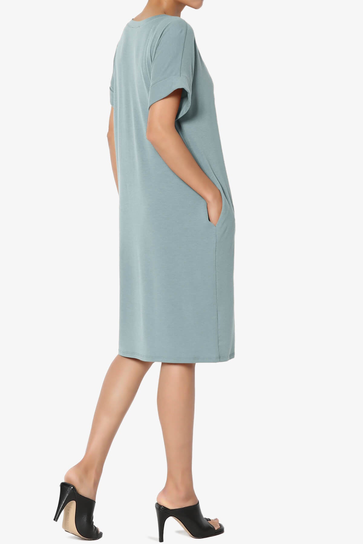 Cliff Rolled Short Sleeve V-Neck Dress DUSTY BLUE_4