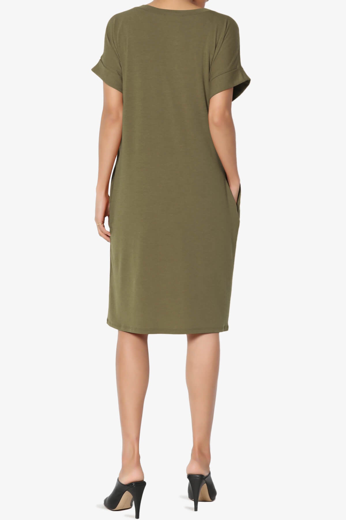 Cliff Rolled Short Sleeve V-Neck Dress DUSTY OLIVE_2