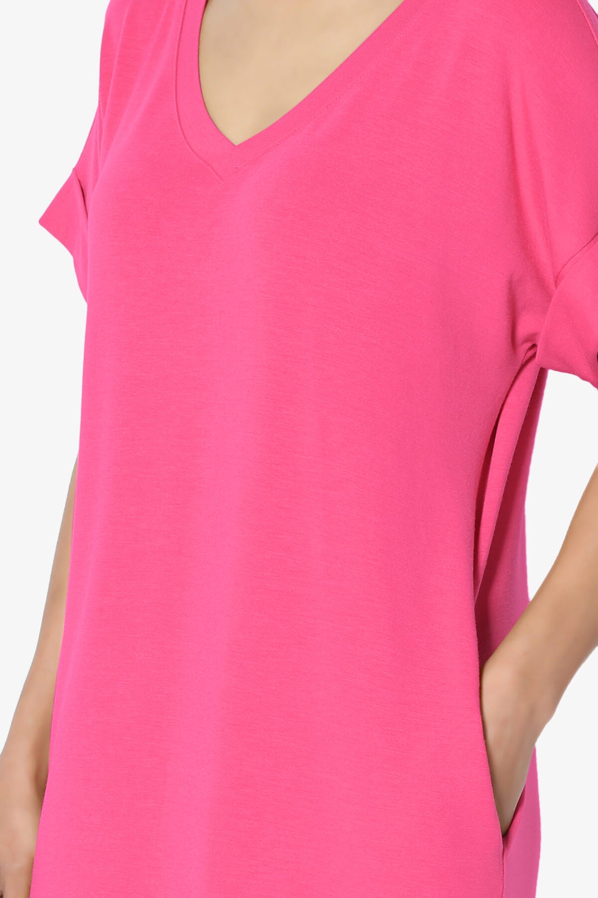 Cliff Rolled Short Sleeve V-Neck Dress FUCHSIA_5