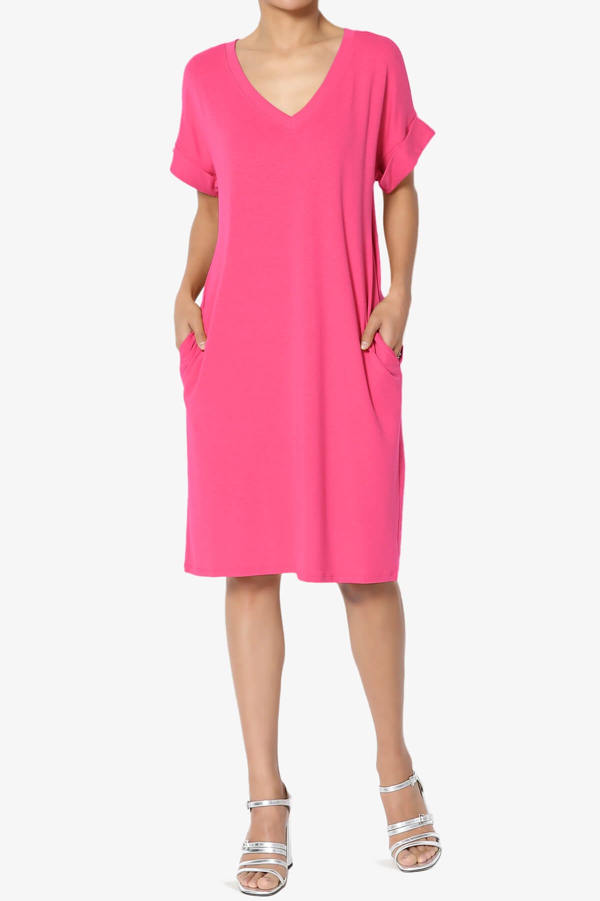 Cliff Rolled Short Sleeve V-Neck Dress FUCHSIA_6
