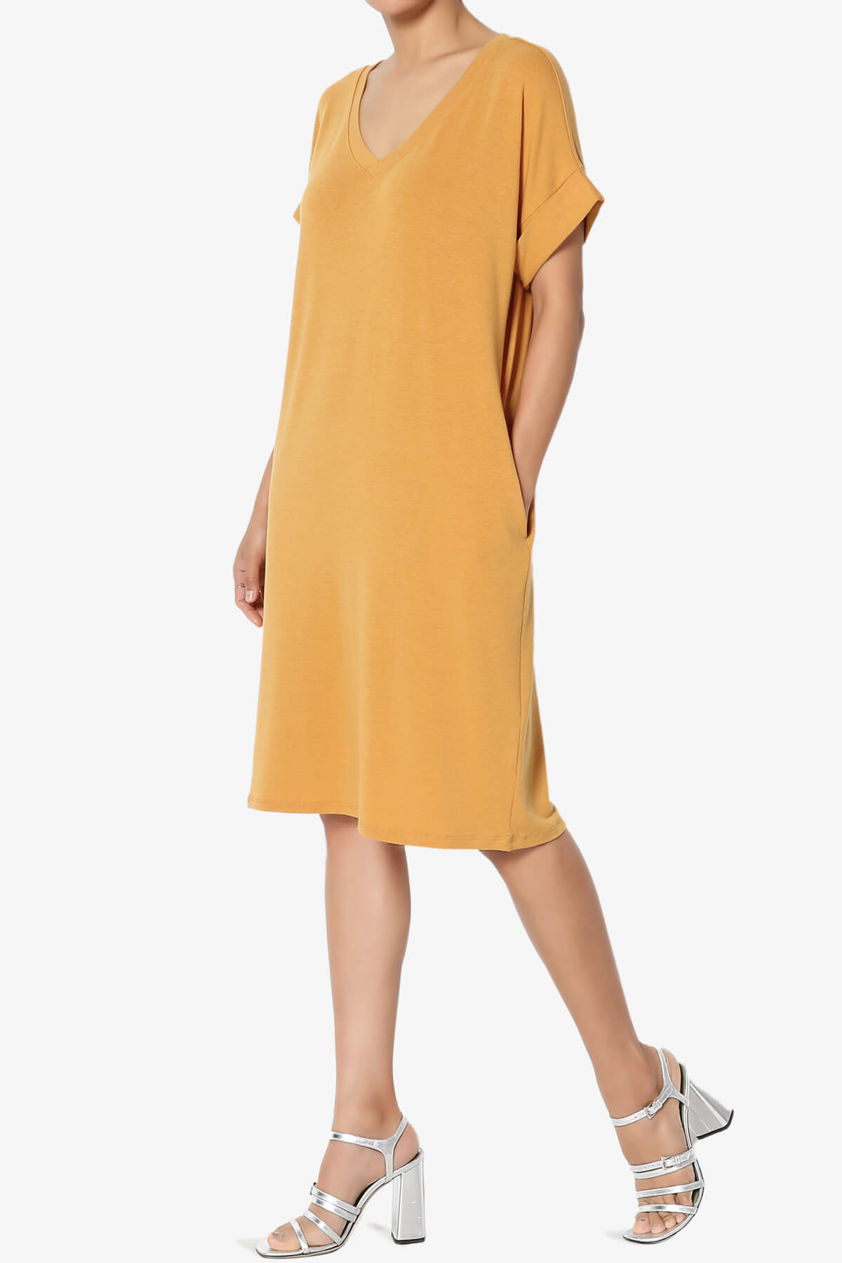 Cliff Rolled Short Sleeve V-Neck Dress GOLDEN MUSTARD_3