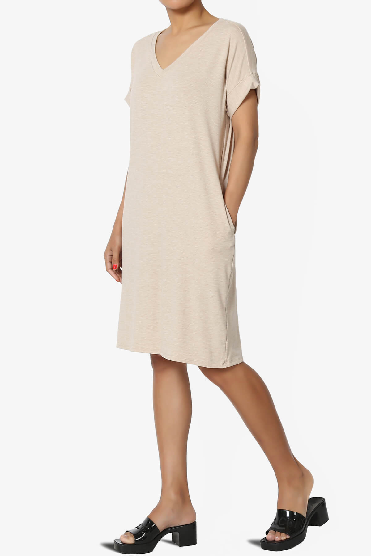 Cliff Rolled Short Sleeve V-Neck Dress HEATHER BEIGE_3