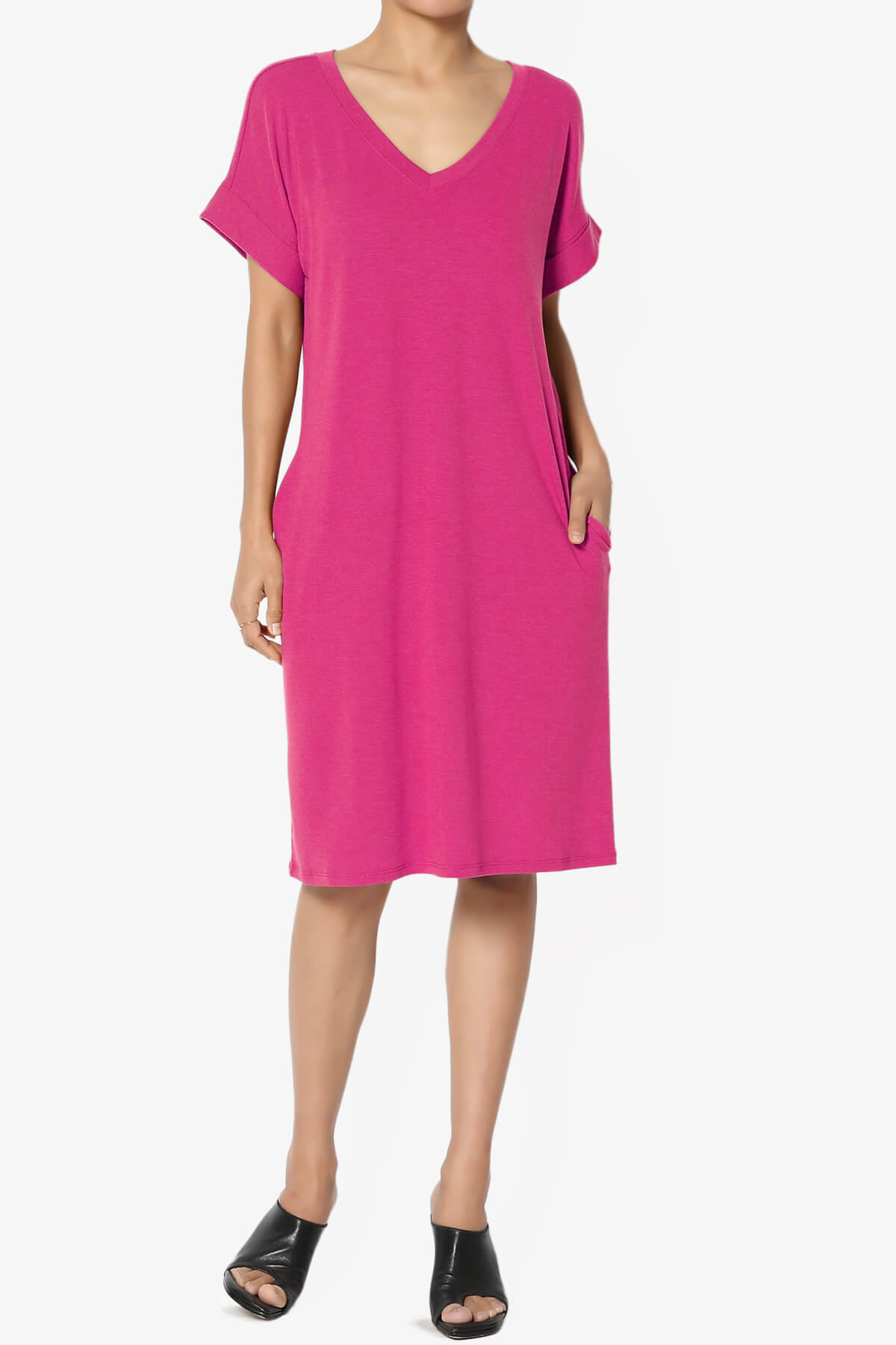 Cliff Rolled Short Sleeve V-Neck Dress HOT PINK_6