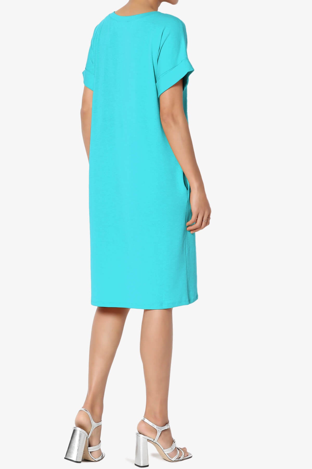 Cliff Rolled Short Sleeve V-Neck Dress ICE BLUE_4