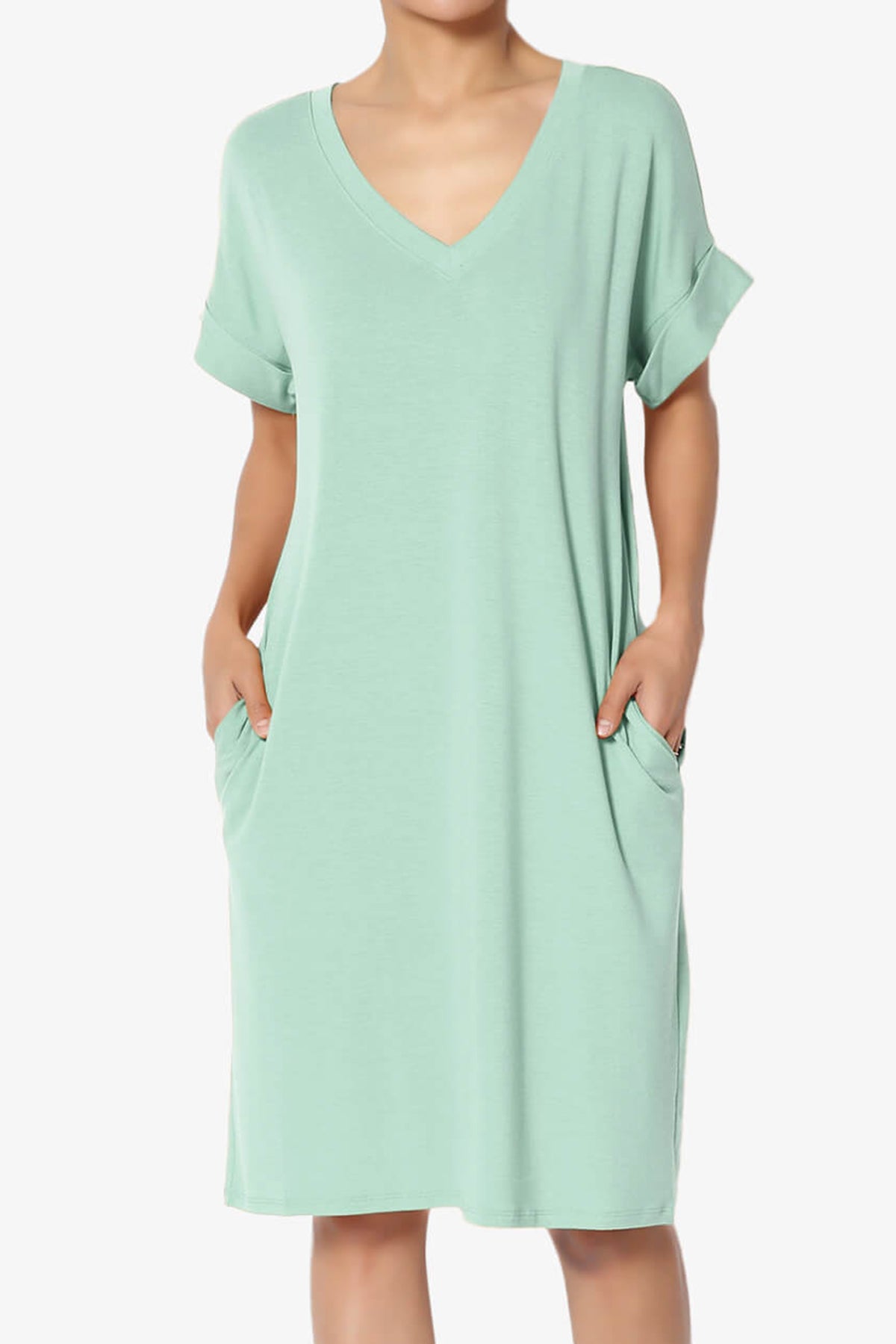 Cliff Rolled Short Sleeve V-Neck Dress LIGHT GREEN_1