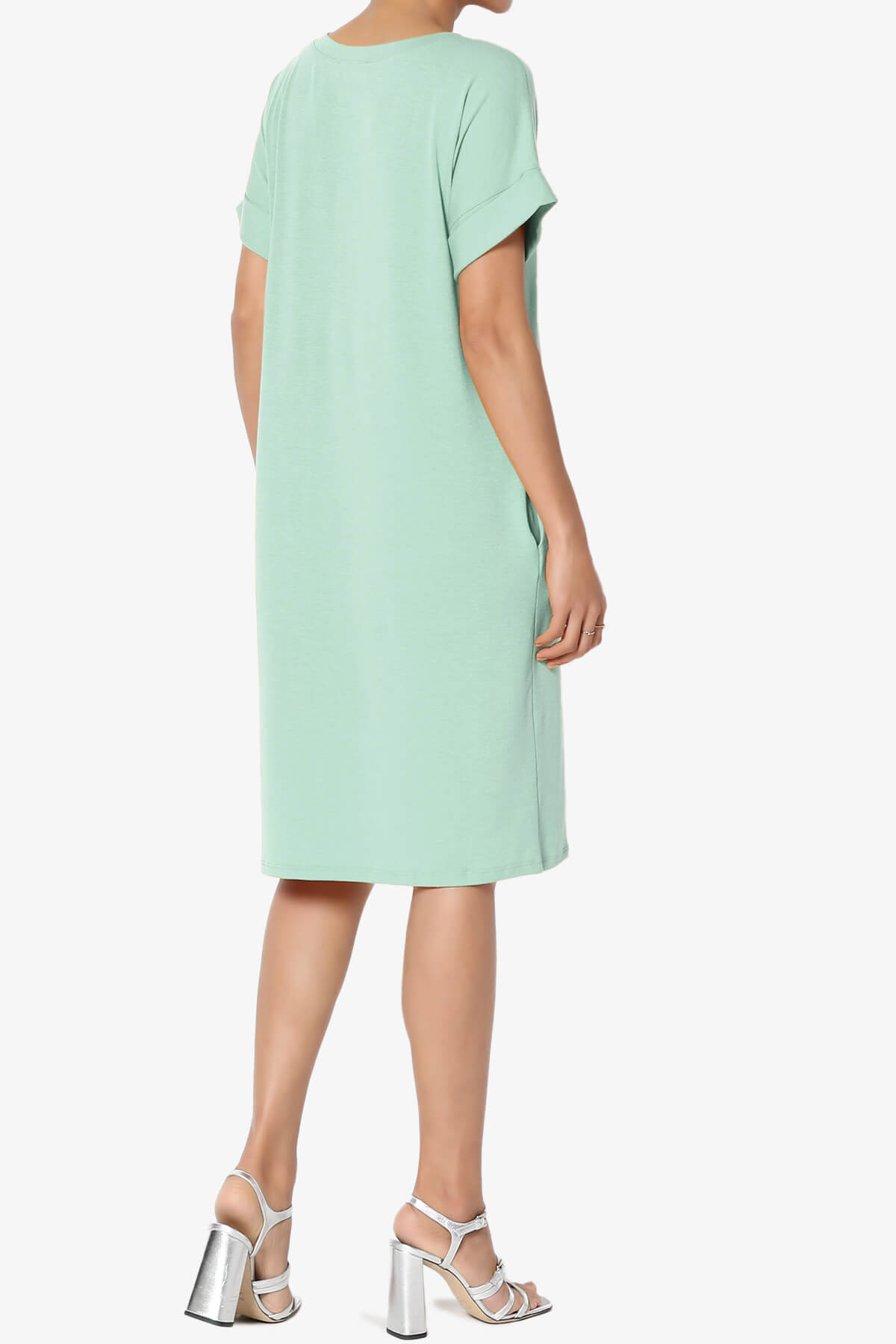 Cliff Rolled Short Sleeve V-Neck Dress LIGHT GREEN_4