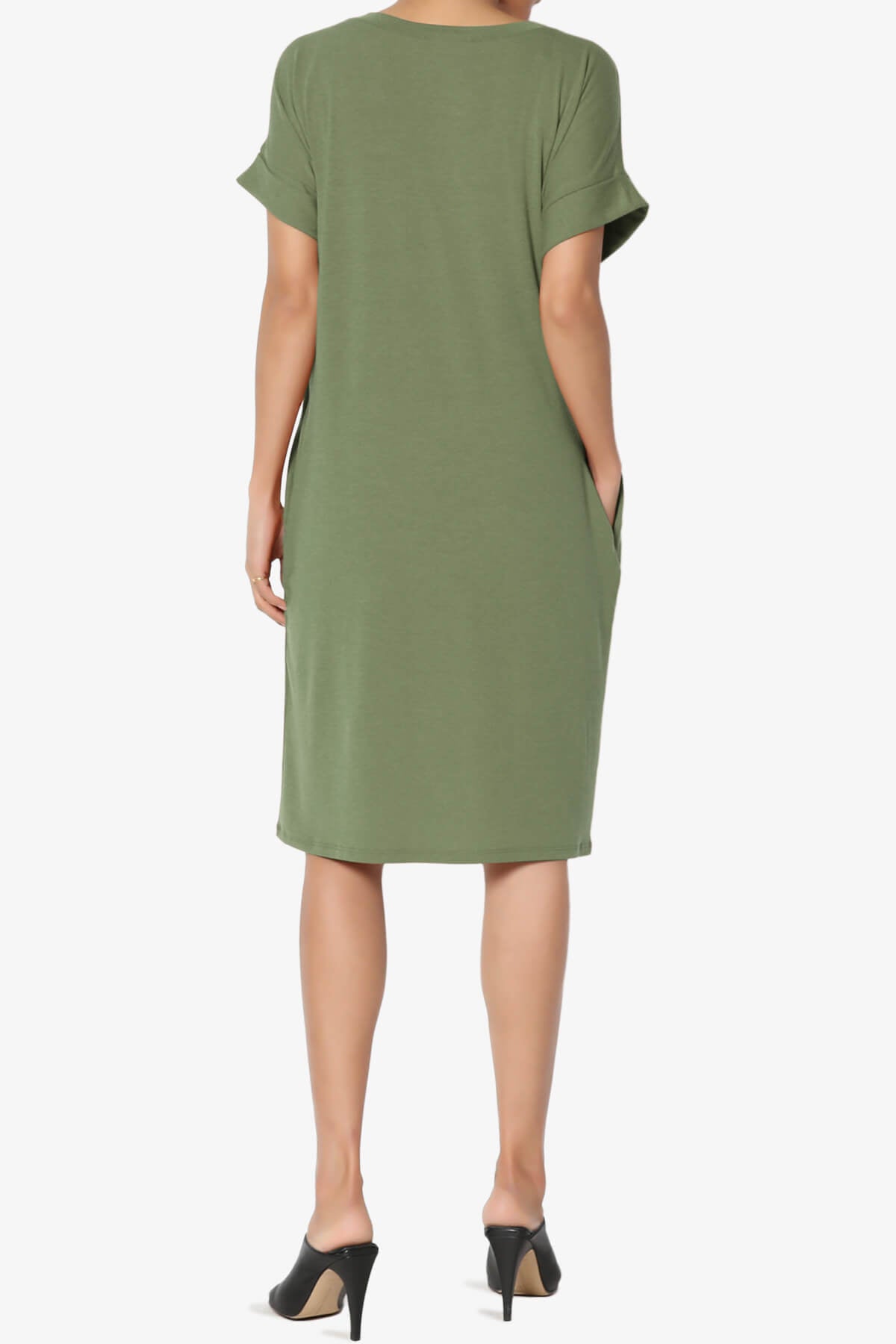 Cliff Rolled Short Sleeve V-Neck Dress LIGHT OLIVE_2