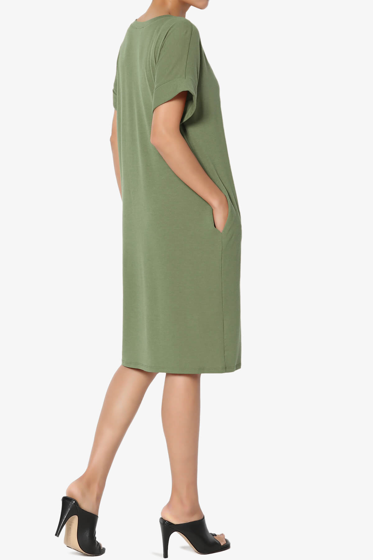 Cliff Rolled Short Sleeve V-Neck Dress LIGHT OLIVE_4
