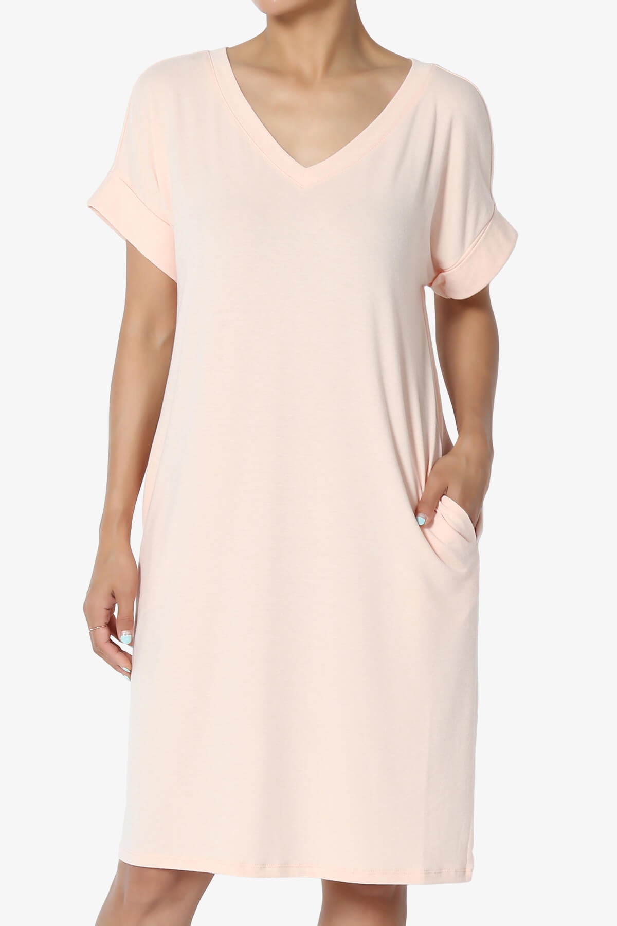 Cliff Rolled Short Sleeve V-Neck Dress LT PEACH_1