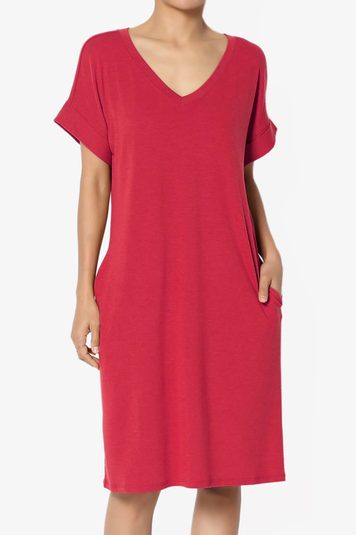 Cliff Rolled Short Sleeve V-Neck Dress RED_1