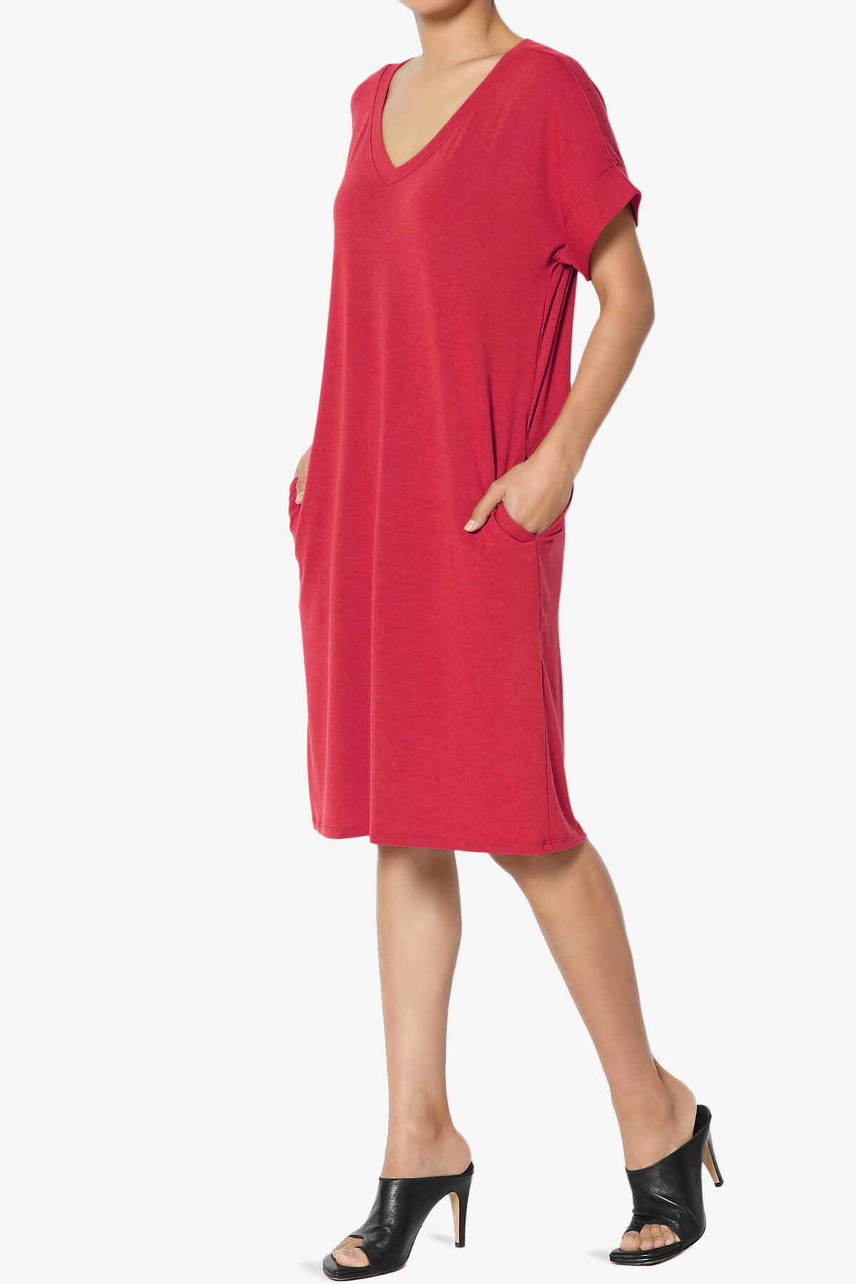 Cliff Rolled Short Sleeve V-Neck Dress RED_3