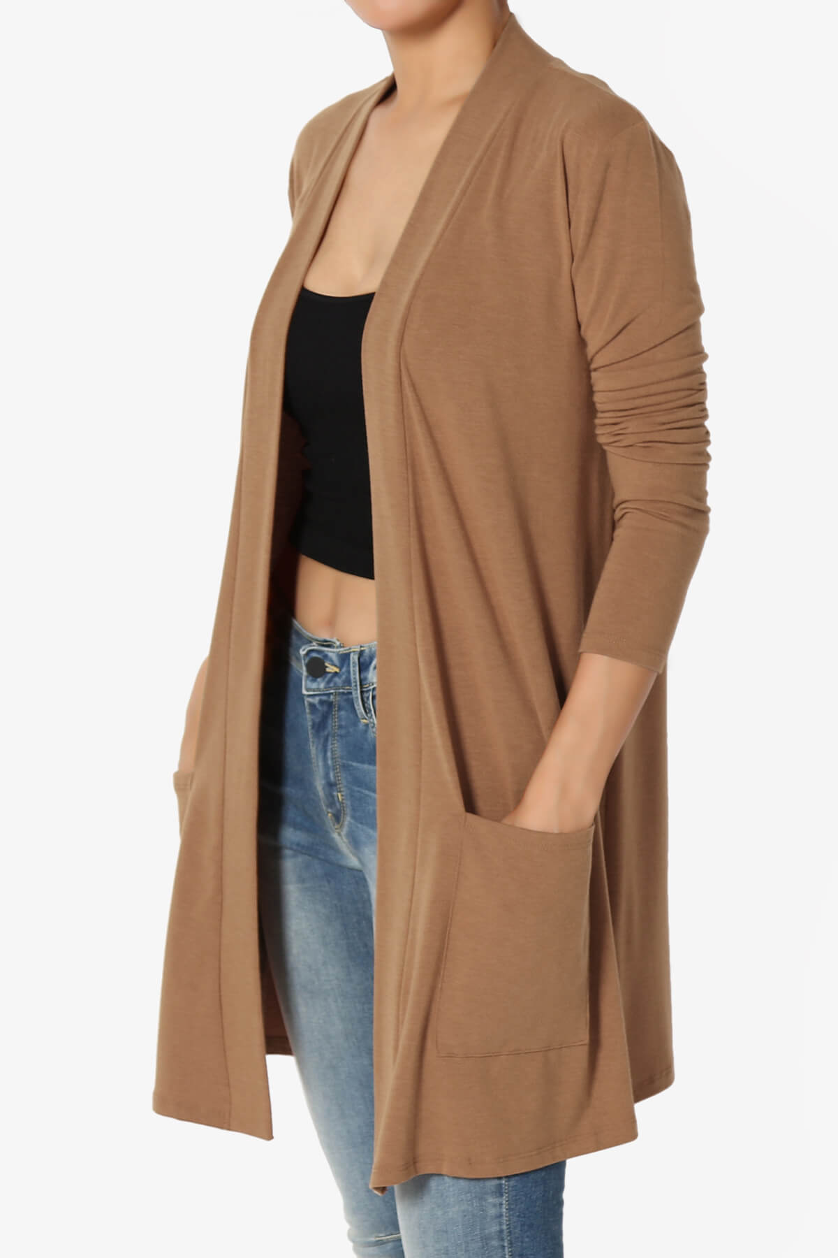 Daday Long Sleeve Pocket Open Front Cardigan DEEP CAMEL_3