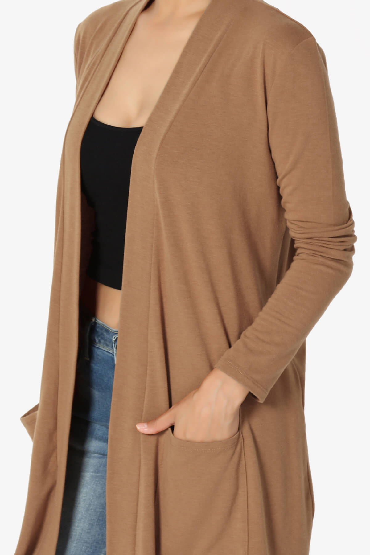 Daday Long Sleeve Pocket Open Front Cardigan DEEP CAMEL_5
